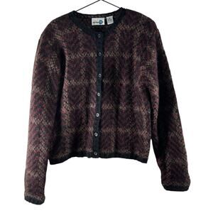 Paul Harris Design Mohair Wool Button Up Cardigan Plaid Maroon Black Medium
